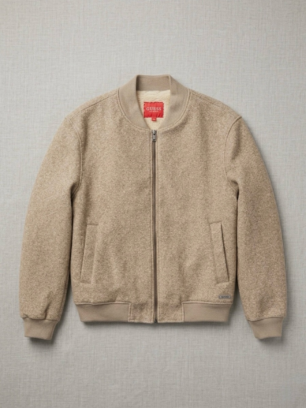 GUESS Men’s Wool Blend Zip Up Jacket Faux Shearling Lined Tan Large